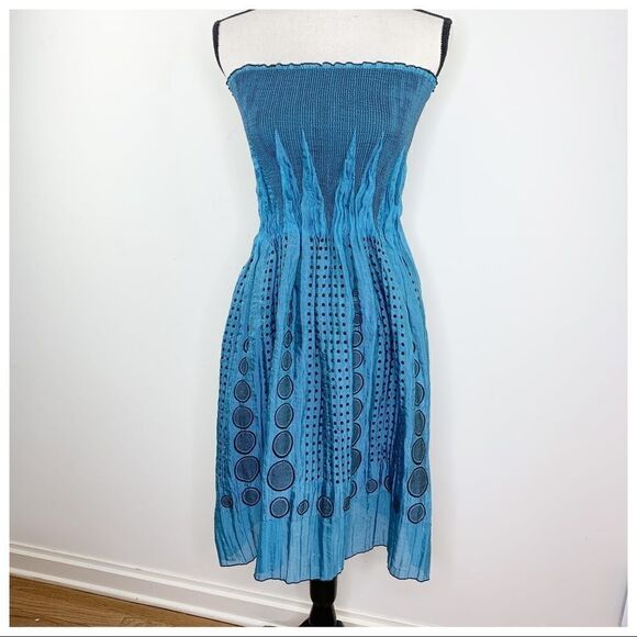MAX STUDIO Smocked Strapless Blue/Black OS Dress - Picture 3 of 14